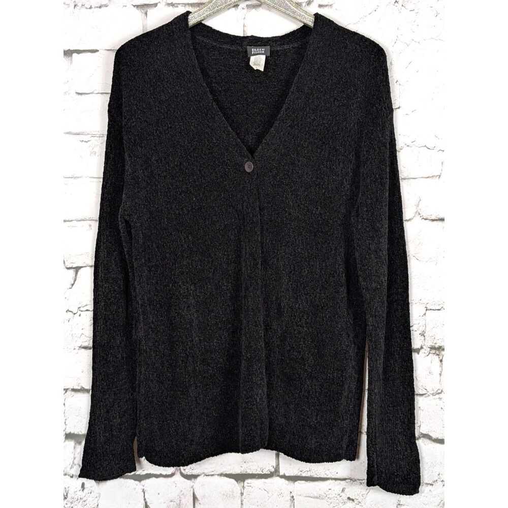 EILEEN FISHER 1-Button Chenille Cardigan Black Minimalist Classic Heavy Large